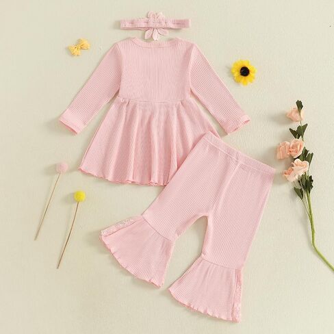 Baby Girl Fall Outfits Toddler Girl Clothes Flower Dress Lace Dresses Bow Sweatshirt Flared Pants Clothing Set in Saudi Arabia