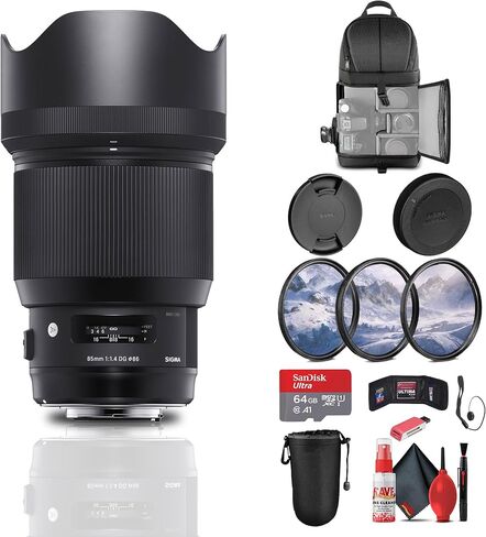 عدسة سيجما 85 ملم f/1.4 DG HSM Art لكاميرا Nikon F (321955) الحزمة: بطاقة ذاكرة 64 جيجابايت، قارئ بطاقات، حقيبة ظهر، حقيبة عدسة، أغطية عدسة، مجموعة مرشح 3 قطع، مجموعة تنظيف كاملة، حافظة للغطاء، والمزيد in Kuwait
