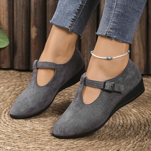 Women's Dress Flats Ballet Low Wedge Round Toe Ankle Strap Comfortable Casual Business Office Work Flats Shoes in Saudi Arabia