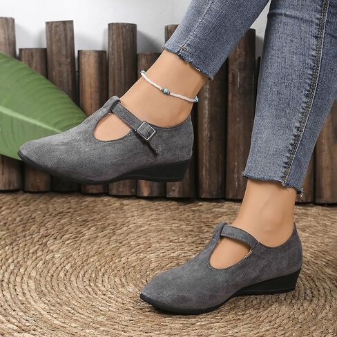 Women's Dress Flats Ballet Low Wedge Round Toe Ankle Strap Comfortable Casual Business Office Work Flats Shoes in Saudi Arabia