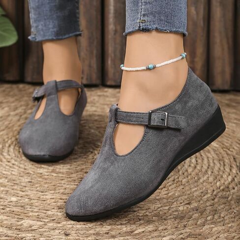 Women's Dress Flats Ballet Low Wedge Round Toe Ankle Strap Comfortable Casual Business Office Work Flats Shoes in Saudi Arabia