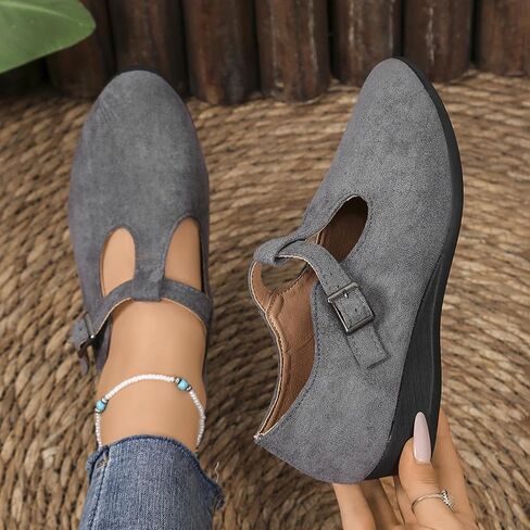 Women's Dress Flats Ballet Low Wedge Round Toe Ankle Strap Comfortable Casual Business Office Work Flats Shoes in Saudi Arabia