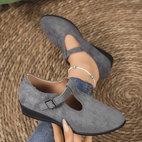 Women's Dress Flats Ballet Low Wedge Round Toe Ankle Strap Comfortable Casual Business Office Work Flats Shoes in Saudi Arabia