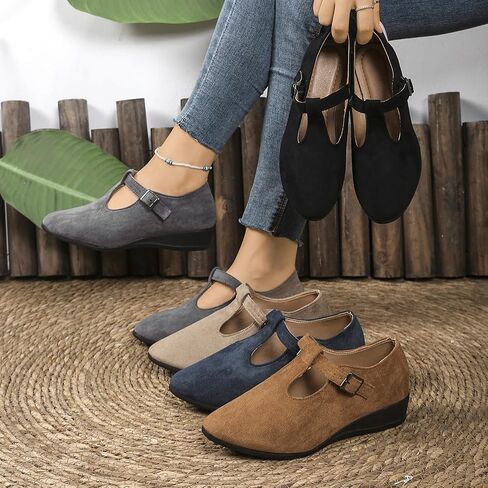Women's Dress Flats Ballet Low Wedge Round Toe Ankle Strap Comfortable Casual Business Office Work Flats Shoes in Saudi Arabia