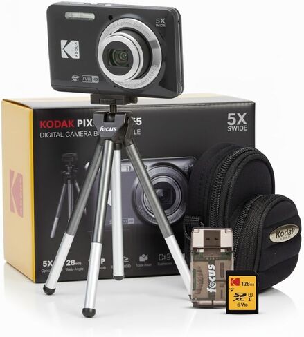كاميرا رقمية Kodak PIXPRO FZ55 (أسود) تكبير سهل الاستخدام مع بطاقة SD سعة 128 جيجابايت وقارئ بطاقات وحامل ثلاثي القوائم وحقيبة (5 عناصر) in Saudi Arabia