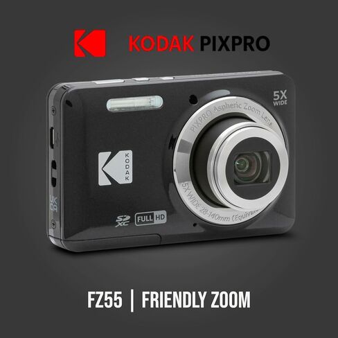 كاميرا رقمية Kodak PIXPRO FZ55 (أسود) تكبير سهل الاستخدام مع بطاقة SD سعة 128 جيجابايت وقارئ بطاقات وحامل ثلاثي القوائم وحقيبة (5 عناصر) in Saudi Arabia