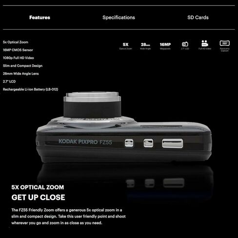 كاميرا رقمية Kodak PIXPRO FZ55 (أسود) تكبير سهل الاستخدام مع بطاقة SD سعة 128 جيجابايت وقارئ بطاقات وحامل ثلاثي القوائم وحقيبة (5 عناصر) in Saudi Arabia