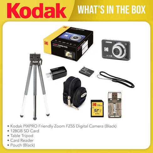 كاميرا رقمية Kodak PIXPRO FZ55 (أسود) تكبير سهل الاستخدام مع بطاقة SD سعة 128 جيجابايت وقارئ بطاقات وحامل ثلاثي القوائم وحقيبة (5 عناصر) in Saudi Arabia