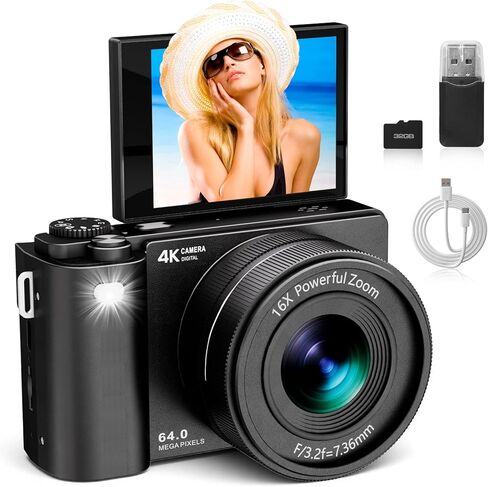 كاميرا رقمية بدقة 4K للتصوير الفوتوغرافي: كاميرا تسجيل فيديو بدقة 64 ميجابكسل لليوتيوب مع شاشة قابلة للطي مقاس 2.8 بوصة بزاوية 180 درجة - ضبط تلقائي للصورة - مقاومة للاهتزاز - بطاقة SD سعة 32 جيجا - كاميرا صغيرة الحجم للتكبير والتصغير بقدرة 16 مرة للمبتدئ in Kuwait