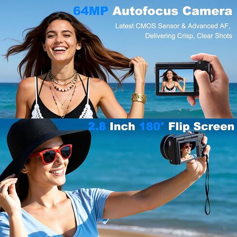 كاميرا رقمية بدقة 4K للتصوير الفوتوغرافي: كاميرا تسجيل فيديو بدقة 64 ميجابكسل لليوتيوب مع شاشة قابلة للطي مقاس 2.8 بوصة بزاوية 180 درجة - ضبط تلقائي للصورة - مقاومة للاهتزاز - بطاقة SD سعة 32 جيجا - كاميرا صغيرة الحجم للتكبير والتصغير بقدرة 16 مرة للمبتدئ in Kuwait