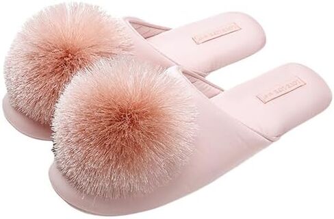 شباشب ساتان أنيقة للنساء للاستخدام الداخلي والخارجي صنادل قطنية ناعمة سهلة الارتداء أحذية منزلية عصرية مع بوم بوم in Kuwait