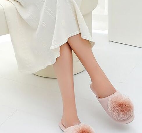 شباشب ساتان أنيقة للنساء للاستخدام الداخلي والخارجي صنادل قطنية ناعمة سهلة الارتداء أحذية منزلية عصرية مع بوم بوم in Kuwait