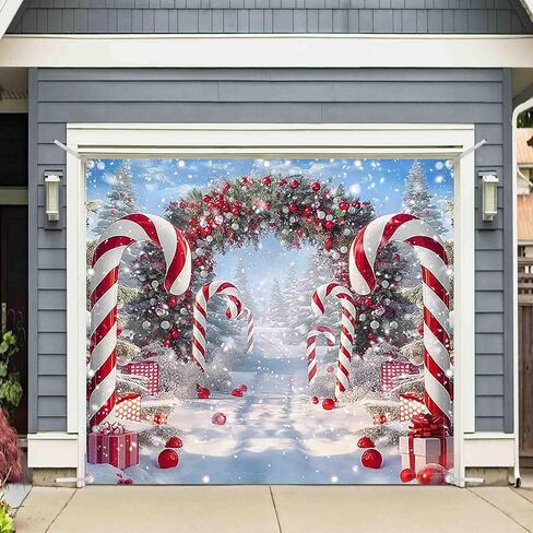 ZTHMOE 1PC 8x7ft Christmas Cane Candy Garage Door Banner Decorations Winter Snow Scene Xmas Tree Photography Backdrop Home New Year Eve Wall Cover Holiday Party Supplies in Saudi Arabia