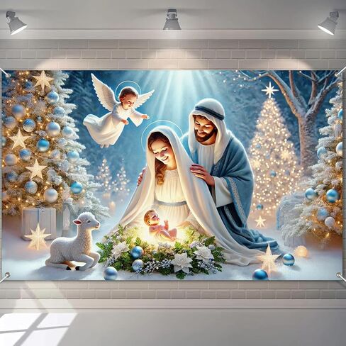 Nativity Christmas Banner 71x43 Inch Holy Family Backdrop with Baby Jesus Angel Lamb and Lights for Religious Holiday Wall Decor Indoor Outdoor Manger Scene Church Photo Background in Saudi Arabia