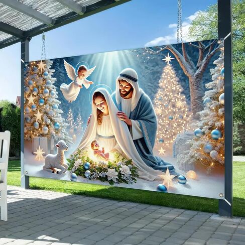 Nativity Christmas Banner 71x43 Inch Holy Family Backdrop with Baby Jesus Angel Lamb and Lights for Religious Holiday Wall Decor Indoor Outdoor Manger Scene Church Photo Background in Saudi Arabia