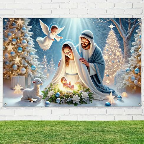 Nativity Christmas Banner 71x43 Inch Holy Family Backdrop with Baby Jesus Angel Lamb and Lights for Religious Holiday Wall Decor Indoor Outdoor Manger Scene Church Photo Background in Saudi Arabia