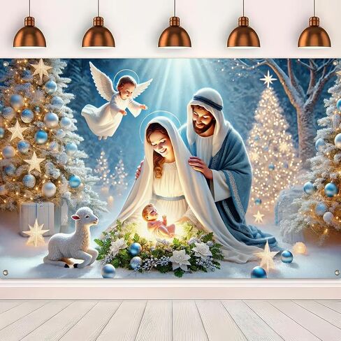 Nativity Christmas Banner 71x43 Inch Holy Family Backdrop with Baby Jesus Angel Lamb and Lights for Religious Holiday Wall Decor Indoor Outdoor Manger Scene Church Photo Background in Saudi Arabia