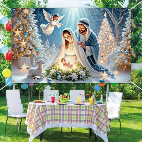 Nativity Christmas Banner 71x43 Inch Holy Family Backdrop with Baby Jesus Angel Lamb and Lights for Religious Holiday Wall Decor Indoor Outdoor Manger Scene Church Photo Background in Saudi Arabia