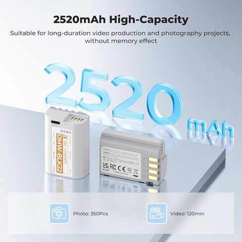 بطارية K&F CONCEPT 2520 مللي أمبير DMW-BLK22، 2 حزمة USB-C 2.5H بطارية BLK22 مشحونة بالكامل متوافقة مع باناسونيك LUMIX S5، S5II، GH6، GH5، G5 II، S5 IIX، GH7، S9، G9 II in Kuwait
