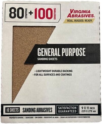 مجموعة ورق صنفرة للأغراض العامة مقاس 9 × 11 بوصة من Virginia Abrasives، (5 لكل منها، 10 إجماليًا) (خشن (80/100)) in Kuwait