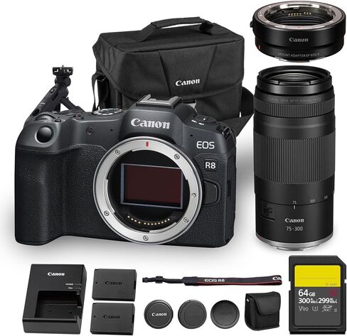 Canon EOS R8 Mirrorless Camera|24.2MP Full Frame Sensor 4K 60p Video|Compact Lightweight Hybrid Camera for Travel and Content(5803C002) + Canon RF 75-300mm Lens + Adapter EF-EOS R + Tripod Grip + More in Saudi Arabia