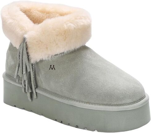 mykos Women's Amari Suede Pull-On Platform (1.65") 7" Boot - Water & Stain Resistant - Faux-Fur Collar with Fringe Ankle Boot - Stylish, Cozy for Travel and Everyday Wear in Kuwait