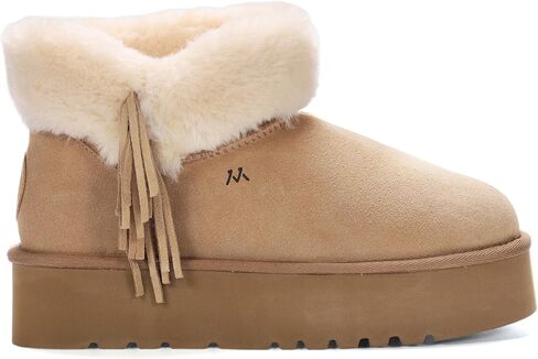 mykos Women's Amari Suede Pull-On Platform (1.65") 7" Boot - Water & Stain Resistant - Faux-Fur Collar with Fringe Ankle Boot - Stylish, Cozy for Travel and Everyday Wear in Kuwait