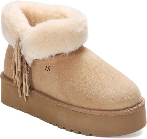 mykos Women's Amari Suede Pull-On Platform (1.65") 7" Boot - Water & Stain Resistant - Faux-Fur Collar with Fringe Ankle Boot - Stylish, Cozy for Travel and Everyday Wear in Kuwait