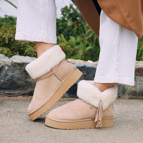 mykos Women's Amari Suede Pull-On Platform (1.65") 7" Boot - Water & Stain Resistant - Faux-Fur Collar with Fringe Ankle Boot - Stylish, Cozy for Travel and Everyday Wear in Kuwait