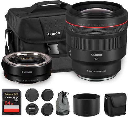 عدسة كانون RF 85 ملم f/1.2 L USM DS | L-Series Portrait Prime مع تجانس إلغاء التركيز البؤري وفتحة عدسة f/1.2 ساطعة وبصريات متقدمة | للصور الشخصية وتصوير حفلات الزفاف + محول EF-EOS R + حقيبة + بطاقة سعة 64 جيجابايت in Kuwait