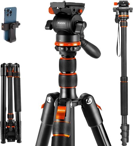 حامل ثلاثي للكاميرا برأس سائل مقاس 68 بوصة، حامل ثلاثي احترافي لفيديو السفر للكاميرا DSLR وكاميرات الفيديو والمناظير ومنظار البقع والتلسكوب ولوحة QR إضافية وحامل الهاتف المحمول، أقصى تحميل 8.8 رطل، برتقالي in Kuwait