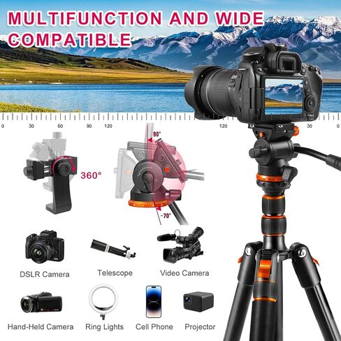 حامل ثلاثي للكاميرا برأس سائل مقاس 68 بوصة، حامل ثلاثي احترافي لفيديو السفر للكاميرا DSLR وكاميرات الفيديو والمناظير ومنظار البقع والتلسكوب ولوحة QR إضافية وحامل الهاتف المحمول، أقصى تحميل 8.8 رطل، برتقالي in Kuwait