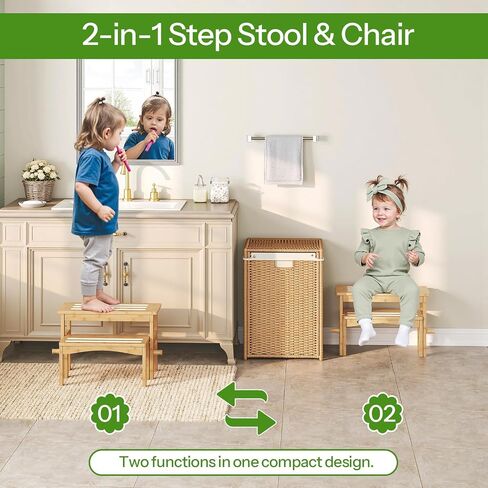 HOOBRO Wooden Step Stool for Toddlers, 2-in-1 Step Stool for Kids, Retractable Bamboo Stool with Anti-Slip Surface, for Bathroom Sink, Potty Training, Easy Assembly, Natural and White YL20JD01 in Saudi Arabia