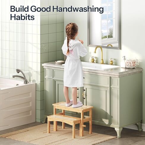 HOOBRO Wooden Step Stool for Toddlers, 2-in-1 Step Stool for Kids, Retractable Bamboo Stool with Anti-Slip Surface, for Bathroom Sink, Potty Training, Easy Assembly, Natural and White YL20JD01 in Saudi Arabia