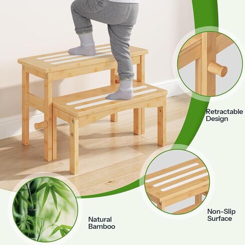 HOOBRO Wooden Step Stool for Toddlers, 2-in-1 Step Stool for Kids, Retractable Bamboo Stool with Anti-Slip Surface, for Bathroom Sink, Potty Training, Easy Assembly, Natural and White YL20JD01 in Saudi Arabia