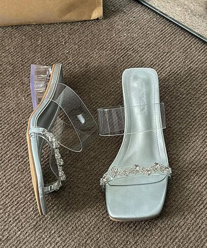 Sunporx Women's Heeled Sandals Clear Strap Square Open toe Sandals Chunky Block Low Heel Slip on Slides Summer Mules Shoes in Saudi Arabia