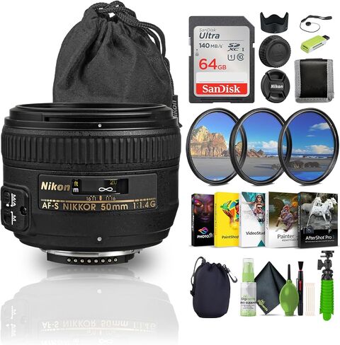 عدسة التركيز التلقائي Nikon AF-S NIKKOR مقاس 50 مم f/1.4G + محفظة بطاقة الذاكرة + بطاقة ذاكرة Ultra 64 جيجابايت + قارئ بطاقات + مجموعة مرشحات مكونة من 3 قطع + حامل ثلاثي القوائم مرن مقاس 12 بوصة + برنامج تحرير الصور + المزيد in Saudi Arabia
