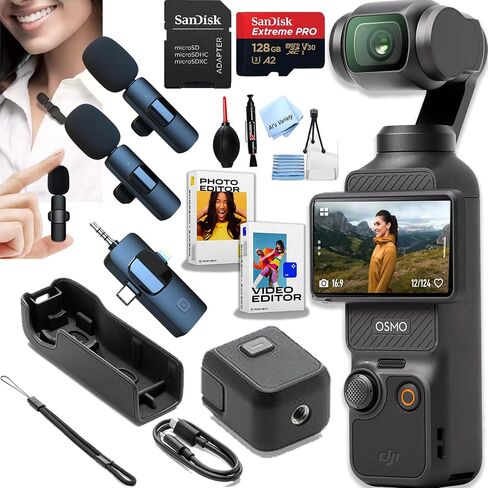 DJI Osmo Pocket 3، كاميرا تسجيل فيديو، كاميرا تسجيل فيديو بدقة 4K/120 إطارًا في الثانية، تثبيت ثلاثي المحاور، تتبع الوجه/الكائن، + ذاكرة 128 جيجابايت، 2 ميكروفون، برامج + المزيد (حزمة تسجيل فيديو للبودكاست) (متجددة) in Saudi Arabia