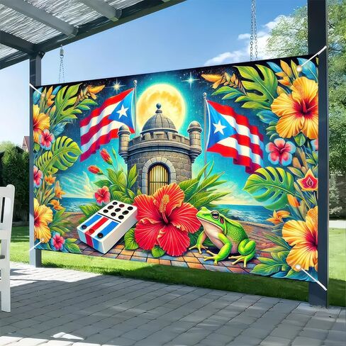 Puerto Rico Flag Frog Backdrop Banner 71x43 Inch Indoor Outdoor Party Decor Puerto Rico Events Festivals Wall Banner Hibiscus and Frog Design for Home and Events in Saudi Arabia