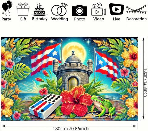 Puerto Rico Flag Frog Backdrop Banner 71x43 Inch Indoor Outdoor Party Decor Puerto Rico Events Festivals Wall Banner Hibiscus and Frog Design for Home and Events in Saudi Arabia