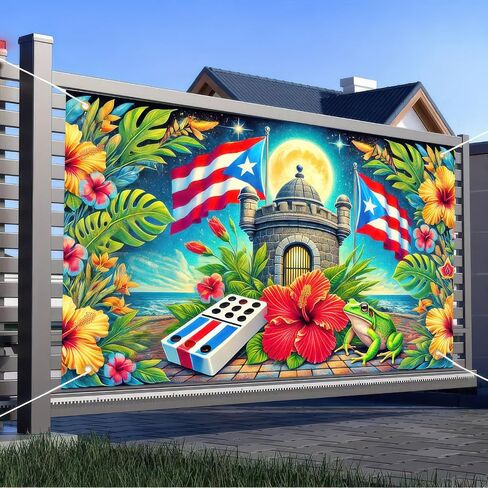 Puerto Rico Flag Frog Backdrop Banner 71x43 Inch Indoor Outdoor Party Decor Puerto Rico Events Festivals Wall Banner Hibiscus and Frog Design for Home and Events in Saudi Arabia