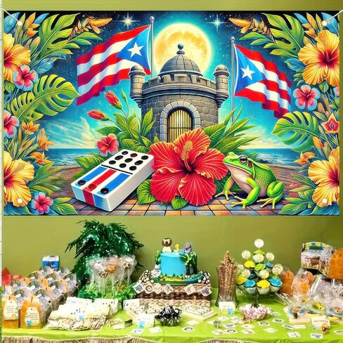 Puerto Rico Flag Frog Backdrop Banner 71x43 Inch Indoor Outdoor Party Decor Puerto Rico Events Festivals Wall Banner Hibiscus and Frog Design for Home and Events in Saudi Arabia