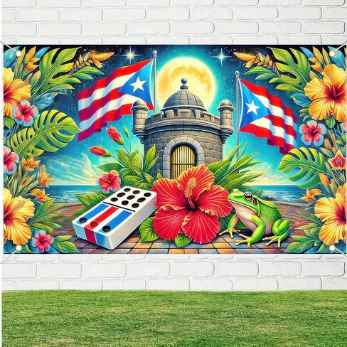 Puerto Rico Flag Frog Backdrop Banner 71x43 Inch Indoor Outdoor Party Decor Puerto Rico Events Festivals Wall Banner Hibiscus and Frog Design for Home and Events in Saudi Arabia
