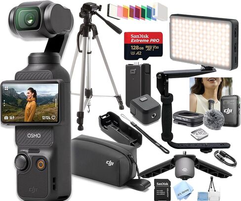 مجموعة DJI Osmo Pocket 3 Creator، كاميرات تسجيل الفيديو، كاميرا تسجيل فيديو بدقة 4K/120 إطارًا في الثانية، تثبيت ثلاثي المحاور، تتبع الوجه/الأشياء، ميكروفون متضمن + ذاكرة 128 جيجابايت، ضوء فيديو، دعامة + المزيد (حزمة 28 قطعة) in Kuwait