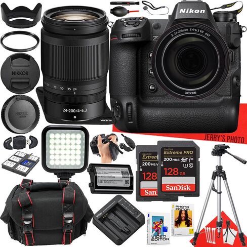 كاميرا Nikon Z9 بدون مرآة مع عدسة Nikon NIKKOR Z مقاس 24-200 مم f/4-6.3 VR + قطعتين ذاكرة سعة 128 جيجابايت + ضوء LED + حقيبة كاميرا + حامل ثلاثي القوائم + المزيد (حزمة 31 قطعة) (متجددة) in Saudi Arabia