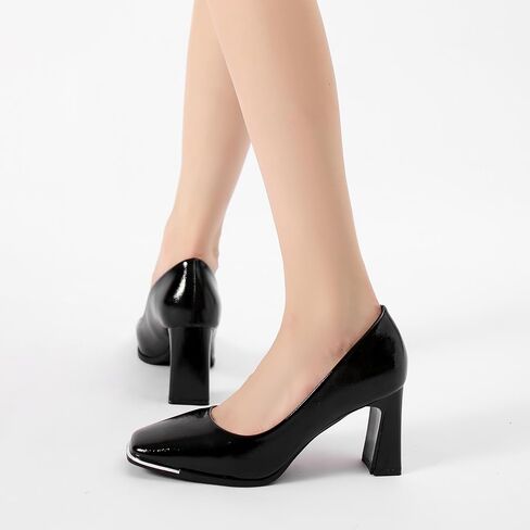 Women's Square Toe Block Heels with Metal Accent, Elegant Slip-On Dress Pumps in Saudi Arabia