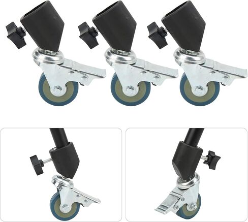 CHICIRIS Durable Iron and Plastic Light Stand Caster Wheel Set, 22mm Locking Wheel Set with Brake, 3-Piece for Photography Studio Video in Saudi Arabia