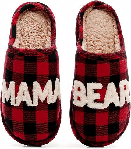 Christmas Couple Slippers Mama Papa Bear Design Buffalo Plaid Plush House Shoes Warm Fuzzy Memory Foam Non Slip Cozy Indoor Winter Gift For Women And Men in Saudi Arabia