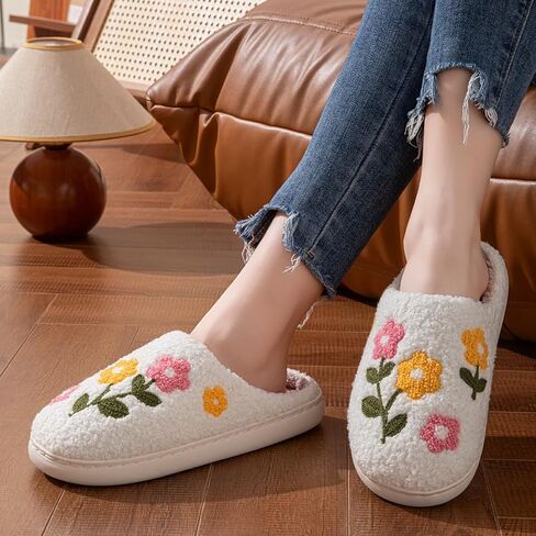 Women's Floral House Slippers Plush Memory Foam Indoor with Non-Slip Sole Camellia Daisy Fall Slippers in Saudi Arabia
