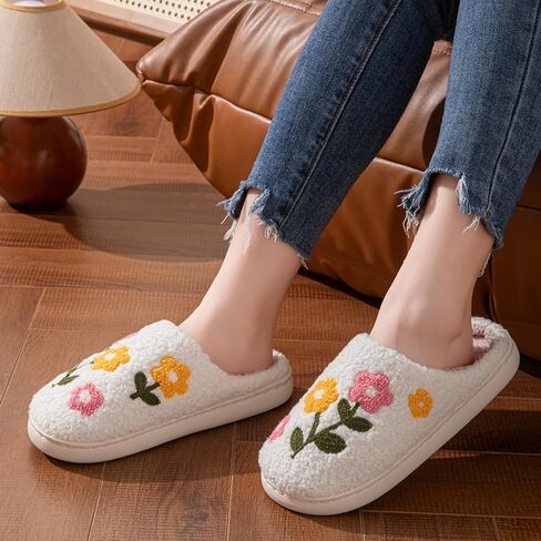 Women's Floral House Slippers Plush Memory Foam Indoor with Non-Slip Sole Camellia Daisy Fall Slippers in Saudi Arabia